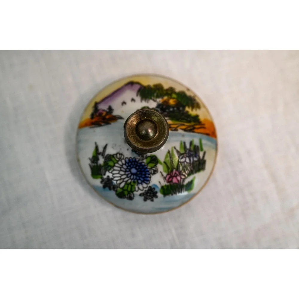 Vintage Japanese Tea Pot Hand Painted Landscape Mount Fuji Gold Trim Yellow Blue